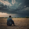 A man sits alone on a bench in a grassy field, surrounded by open space and distant trees Royalty Free Stock Photo
