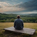 A man sits alone on a bench in a grassy field, surrounded by open space and distant trees Royalty Free Stock Photo