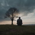 A man sits alone on a bench in a grassy field, surrounded by open space and distant trees Royalty Free Stock Photo
