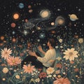 A man sits alone in the middle of a blooming garden that floats in space