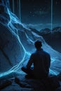 Man Sitting on Top of Rock Under Star-Filled Sky. Generative AI. Royalty Free Stock Photo