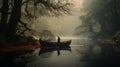 Misty Gothic Landscape: Man On Boat At Sunset In Yorkshire Forest