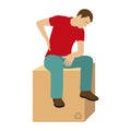 A man sits on a box. A man injured his back while carrying a load. Back pain. Vector illustration isolated on white background