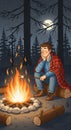 A man sits by a campfire in a forest setting at night, wrapped in a red plaid blanket. He Royalty Free Stock Photo