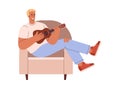Man sits in chair and plays ukulele guitar, flat vector illustration on white. Royalty Free Stock Photo