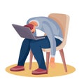 A man sits on a chair and rested his head on a laptop which is on his knees, fatigue, depression, impotence, isolated object on a