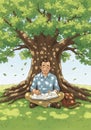 A man sits cross-legged under a large, leafy tree with a thick trunk, drawing in a Royalty Free Stock Photo