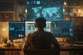 A Man Working at a Desk with Multiple Monitors and a World Map Displayed on One Screen Royalty Free Stock Photo