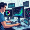 A man sits at a desk with multiple computer monitors displaying various graphs, Royalty Free Stock Photo