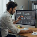 A man sits at a desk in an office setting, interacting with a large computer monitor Royalty Free Stock Photo