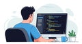 A man sits at a desk working on a computer. The screen displays lines of code in a Royalty Free Stock Photo