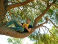 A man sits on a fir branch and reads a book. Summer outdoor recreation and relaxation.