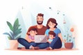 A man sits on the floor with two children, working on a laptop, Happy family with kids sit on couch using laptop, AI Generated Royalty Free Stock Photo