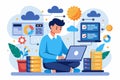 A man sits on the floor using a laptop to sync large amounts of data while surrounded by visual data elements, Man syncing big Royalty Free Stock Photo