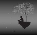 Man sits on flying rock look at falling cherry white leaves and think about sense of human life, silhouettes of people