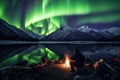 A man sits in front of a campfire, mesmerized by the beauty of the northern lights, The northern lights viewed from an Alaskan Royalty Free Stock Photo