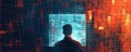A man sits in front of a computer screen, looking at a complex array of data. The data is represented by a series of glowing lines