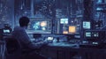 A man sits in front of multiple computer monitors, each displaying different data Royalty Free Stock Photo