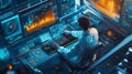A man sits in front of multiple computer monitors, each displaying different data Royalty Free Stock Photo