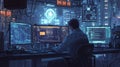 A man sits in front of multiple computer monitors, each displaying different data Royalty Free Stock Photo