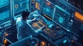 A man sits in front of multiple computer monitors, each displaying different data Royalty Free Stock Photo