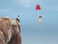 Man sits on a hill and sees a girl flying with balloons.