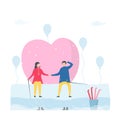 Man sits on the ice chair. And he talks with his girlfriend. Couple of love design in winter season. Vector illustration in flat