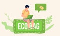 Eco bags concept. Save world, protect the planet. Man works on his laptop. Online shopping