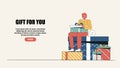 A man sits on a large gift box. Man greeting with happy holiday, happy birthday. Vector flat style website template, web