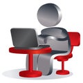 Man sits at a red table on a red chair and works on a laptop, symbol, isolated object on a white background, vector illustration Royalty Free Stock Photo