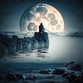 A man sits on rocks on the bank of a river in space and fishes. The concept for the development of life, tourism and recreation on