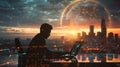 A man sits at a sleek desk surrounded by maps and globes intently typing on his laptop as he prepares to broadcast