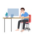 A man sits stressed at his desk because he can`t figure out what to do about his work. A guy feeling confuse and have no idea wit Royalty Free Stock Photo