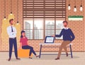 Office staff in a modern office, brick walls, laptop, furniture, ceiling lights. Flat vector image Royalty Free Stock Photo