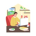 Man sits at table and looks at laptop at home, flat vector illustration isolated. Royalty Free Stock Photo