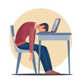 A man sits at a table on which there is a laptop and laid his head exhaustedly on the table, fatigue, depression, impotence, Royalty Free Stock Photo