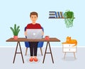 Man sits at a table, works at a computer at home. Remote work, freelance, home office, programming, training. Cozy Royalty Free Stock Photo