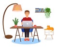 Man sits at a table, works at a computer at home. Remote work, freelance, home office, programming, training. Cozy Royalty Free Stock Photo
