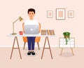 Man sits at a table, works at a computer at home. Remote work, freelance, home office, programming, training. Vector Royalty Free Stock Photo