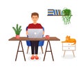 Man sits at a table, works at a computer at home. Remote work, freelance, home office, programming, training. Cozy Royalty Free Stock Photo