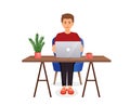 Man sits at a table, works at a computer at home. Remote work, freelance, home office, programming, training. Vector Royalty Free Stock Photo