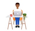 Man sits at a table, works at a computer at home. Remote work, freelance, home office, programming, training. Vector Royalty Free Stock Photo