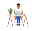 Man sits at a table, works at a computer at home. Remote work, freelance, home office, programming, training. Vector Royalty Free Stock Photo