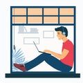 A man sits on a window sill with a laptop. Freelancer guy is listening to music. Remote work, freelance. Chatting with friends in