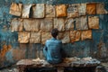 A man is sitting against a wall and looking at it. Hopelessness