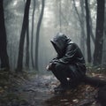 Man sitting alone in the forest with rain falling. Sad soul lost in a lonely world.