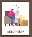 Man sitting on armchair, confused by assembly manual, large boxes of furniture pieces, vector cartoon poster Need help