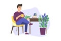 A man is sitting in an armchair at home with a book and a cup of coffee. flat vector illustration Royalty Free Stock Photo