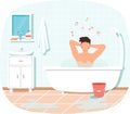 Man sitting in bathtub with hot water and making music. Guy relaxing in sauna and singing songs