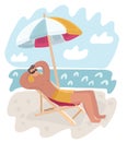 Man sitting in beach chair or sunbed under umbrella and taking sunbath on the beach seacoast